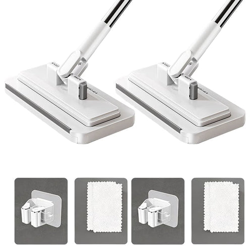 Easy-Change Flat Floor Mop - 95cm (Upgraded) – One-Click Cloth Change + Mop Clip + 2 Absorbent Velvet Cloths (2-Pack)